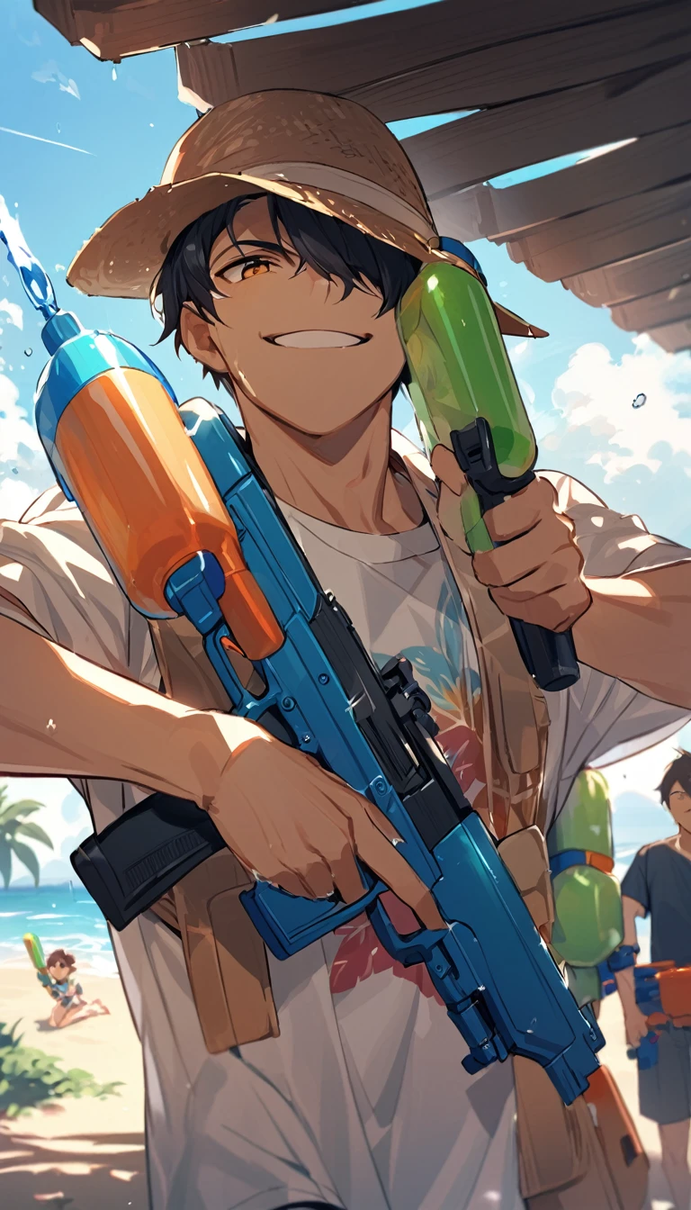 Boys playing with water guns, Hide in the shade and aim at your opponent, smile, Summer afternoon