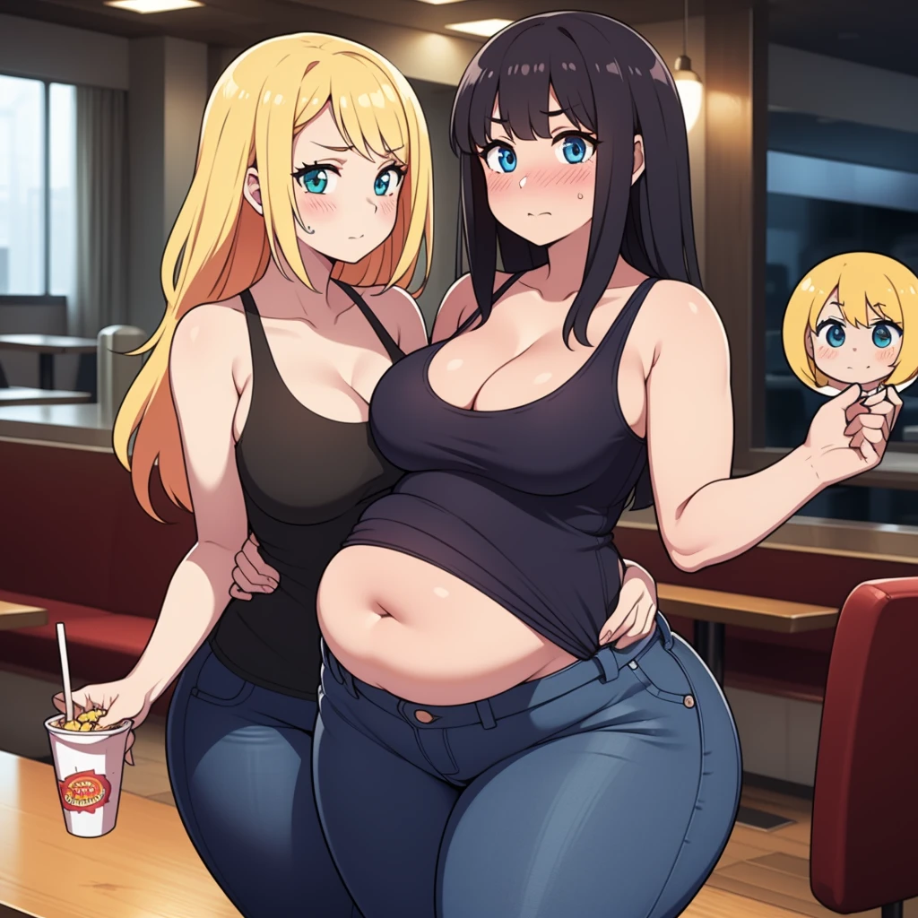 
((Masterpiece)), perfect anatomy, perfect shading, field of depth, (best quality), extremely delicate and beautiful, perfect lighting, detailed face, ultra cute face, cute, (2girls), 

long fluffy blonde hair, blue eyes, ((blush)), nervous, looking at viewer, tank top, jeans, cleavage, medium breasts, ((thick thighs)), (wide hips), chubby, 

short brown hair, green eyes, ((blush)), medium breasts, ((thick thighs)), (wide hips),

intricate background, detailed background, fast food restaurant, standing next to each other, belly grab
