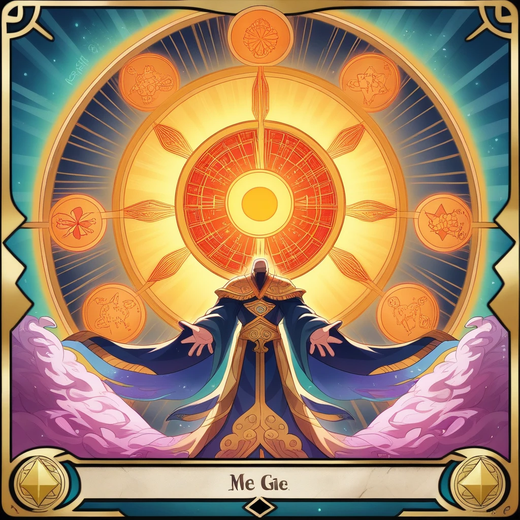 Create an illustration of a Tarot card themed around the concept "Elevate your Energy." The central figure is levitating in a meditative pose, dressed in flowing, ethereal robes that flutter as if moved by an unseen force. This figure can be either male or female, exuding a serene and enlightened aura.Surrounding the figure is a radiant aura of luminous colors—predominantly gold, white, and violet—representing high vibrations and spiritual enlightenment. Below the levitating figure, flowers are blooming, with their petals oriented upwards, as if absorbing and reflecting the surrounding energy. In the background, majestic mountains symbolize stability and spiritual ascent.Above the figure, a large, glowing mandala with a shining sun or star at its center radiates energy that seems to flow through the figure, emphasizing the elevation of energy and spiritual alignment. Along the edges of the card, include symbols of chakras, energy circles, or other esoteric signs to enhance the theme of spiritual awakening and energy elevation.At the bottom of the card, elegantly inscribe the phrase "Elevate your Energy" in golden letters, highlighting the card's central message.This Tarot card should evoke a sense of uplifting energy, spiritual growth, and enlightenment.