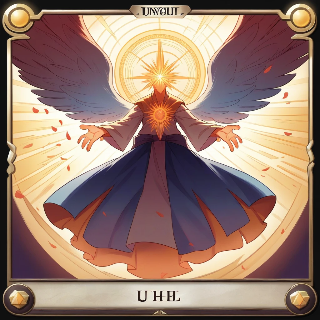 Create an illustration of a Tarot card themed around the concept "Elevate your Energy." The central figure is levitating in a meditative pose, dressed in flowing, ethereal robes that flutter as if moved by an unseen force. This figure can be either male or female, exuding a serene and enlightened aura.Surrounding the figure is a radiant aura of luminous colors—predominantly gold, white, and violet—representing high vibrations and spiritual enlightenment. Below the levitating figure, flowers are blooming, with their petals oriented upwards, as if absorbing and reflecting the surrounding energy. In the background, majestic mountains symbolize stability and spiritual ascent.Above the figure, a large, glowing mandala with a shining sun or star at its center radiates energy that seems to flow through the figure, emphasizing the elevation of energy and spiritual alignment. Along the edges of the card, include symbols of chakras, energy circles, or other esoteric signs to enhance the theme of spiritual awakening and energy elevation.At the bottom of the card, elegantly inscribe the phrase "Elevate your Energy" in golden letters, highlighting the card's central message.This Tarot card should evoke a sense of uplifting energy, spiritual growth, and enlightenment.