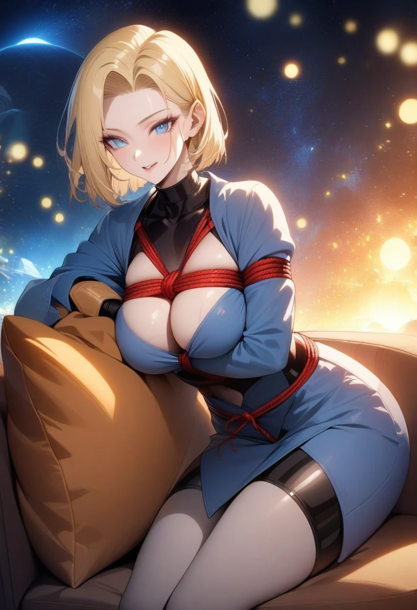 masterpiece, best quality, very aesthetic, absurdres, 1girl, mature_lady,tortoiseshell bondage, red_rope, hand_behind,  ,Android 18(Dragon Ball), short hair,blonde hair, blue eyes,  blue jacket,on sofa,,glowing stardust frontground,fantasy,sparkling,fireflies,