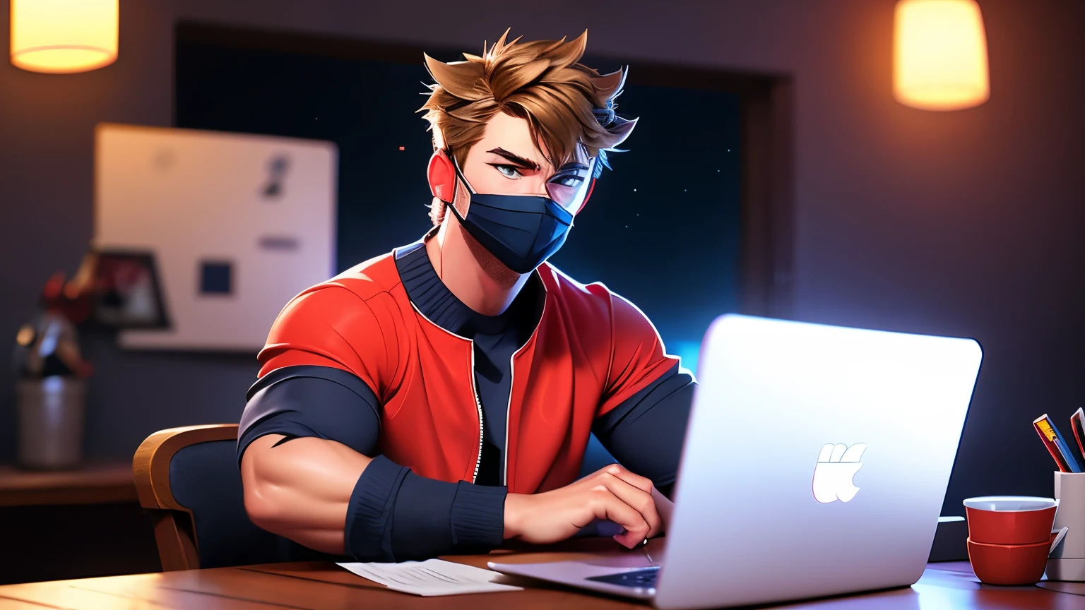 masked Chris Hemsworth in a baseball jersey , wearing a mask , sitting in front of a laptop, looking serious, body facing the viewer , twitch streamer / gamer ludwig , portrait of Chris Hemsworth , mid shot portrait, streaming on twitch, at night, portrait shot 8 k.