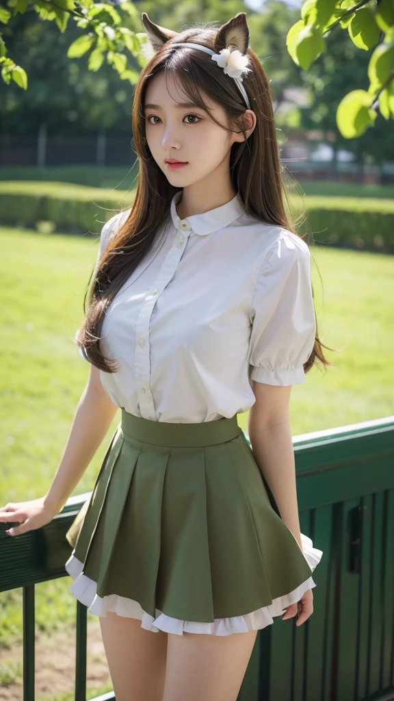 1 Girl, Solitary, Fresh peas, Horse girl, Horse Ears, horse tails, Brown eyes, Brown hair, Long hair, A faint smile, Ear arch, Ruffle skirt, Green skirt, High waist skirt, Fluffy short sleeves, Thin, slim, (Japanese:0.8)