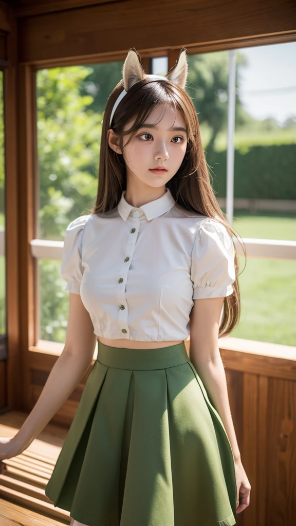 1 Girl, Solitary, Fresh peas, Horse girl, Horse Ears, horse tails, Brown eyes, Brown hair, Long hair, A faint smile, Ear arch, Ruffle skirt, Green skirt, High waist skirt, Fluffy short sleeves, Thin, slim, (Japanese:0.8)