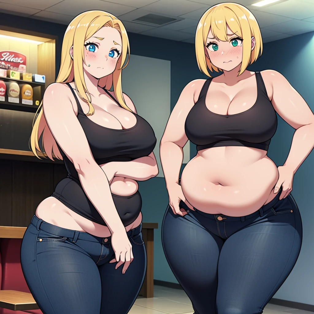 ((Masterpiece)), perfect anatomy, perfect shading, field of depth, (best quality), extremely delicate and beautiful, perfect lighting, detailed face, ultra cute face, cute, (2girls),
long fluffy blonde hair, blue eyes, ((blush)), nervous, looking at viewer, tank top, jeans, cleavage, medium breasts, ((thick thighs)), (wide hips), chubby,
short brown hair, green eyes, ((blush)), medium breasts, ((thick thighs)), (wide hips),
intricate background, detailed background, fast food restaurant, standing next to each other, belly grab