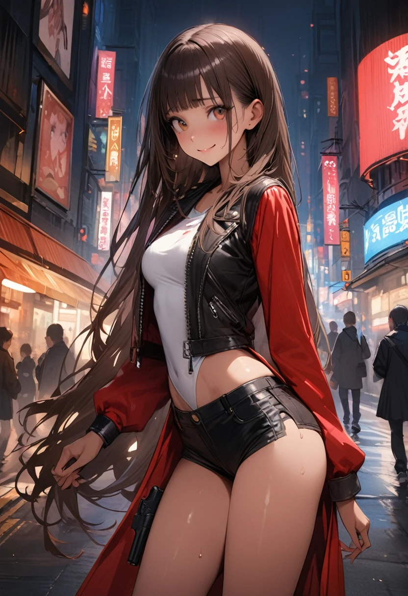 ((masterpiece,Highest quality:1.3,best quality illustration)),realistic,cowboy shot,独奏,1woman,(25 year old beauty),dark brown hair,long hair,bangs,brown eyes,(gorgeous big eyes),((very small head:1.3)),shy,smile,((very long body:1.2,skinny)),(tan skin),medium breasts,Leather rider jacket、Micro Shorts、Leg Holster、Pistol,sweat,gleaming skin,slender body,standing,on street,neon、New York City、