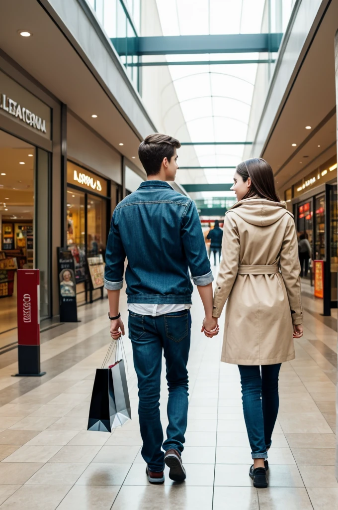 Take a photo of a girl and a boy holding hands in a shopping center with their backs turned, make it look realistic as human beings 