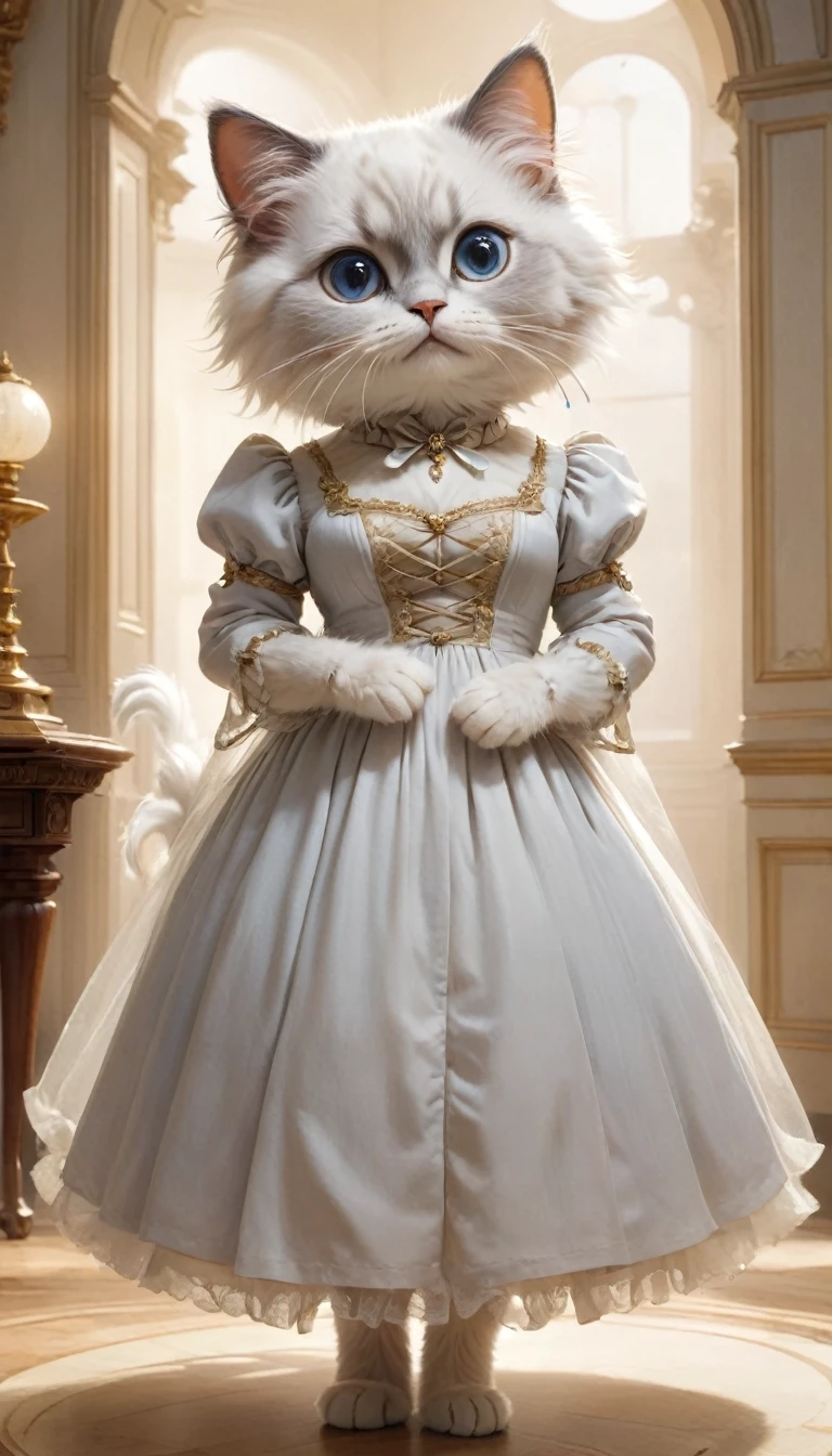 small, かわいいto be bornき物, Wearing a dress、 whole body,small , Are standing, Costume, Luxurious ballroom、 Fantasy art, Exquisite detail, Jean-Baptiste Monge Style, office、Alan Lee Style, Anthropomorphic, Fat, White and grey ragdoll cat with big eyes, Movie Scenes, Dramatic shot angles, , Realistic, to be born々Stunning cinematic photorealism, Action Portrait, 8k, detailed, Full Frame
