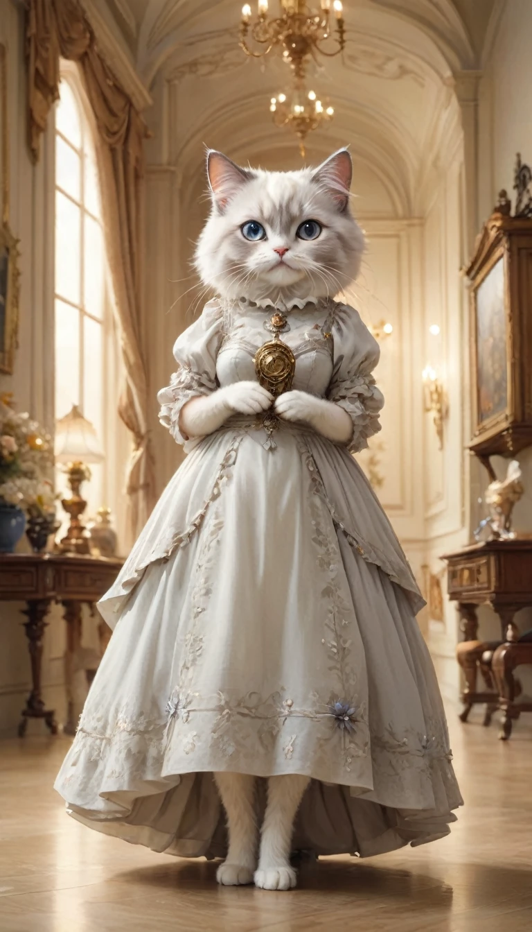 small, かわいいto be bornき物, Wearing a dress、 whole body,small , Are standing, Costume, Luxurious ballroom、 Fantasy art, Exquisite detail, Jean-Baptiste Monge Style, office、Alan Lee Style, Anthropomorphic, Fat, White and grey ragdoll cat with big eyes, Movie Scenes, Dramatic shot angles, , Realistic, to be born々Stunning cinematic photorealism, Action Portrait, 8k, detailed, Full Frame