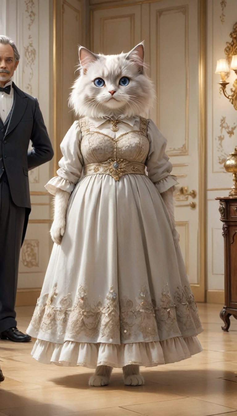 small, かわいいto be bornき物, Wearing a dress、 whole body,small , Are standing, Costume, Luxurious ballroom、 Fantasy art, Exquisite detail, Jean-Baptiste Monge Style, office、Alan Lee Style, Anthropomorphic, Fat, White and grey ragdoll cat with big eyes, Movie Scenes, Dramatic shot angles, , Realistic, to be born々Stunning cinematic photorealism, Action Portrait, 8k, detailed, Full Frame
