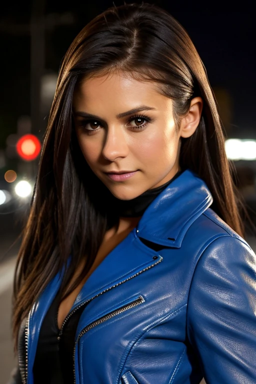Best quality, realistic, from the front in first person, Nina Dobrev on the street of Los Angeles, (a female mexican Supermodel), (sexy blue leather jacket:1.1), split, seductive smile,decoration on large chest, (dark hair), (hairstyle:1.0), Perfect eyes, sharp parts, Detailed face, face-makeup, cheeks turn red, Eyeliner, eyeshadow, Lip gloss, Supermodel, (deep focus), (hard lighting), (night time), (realistic lighting:1.0)