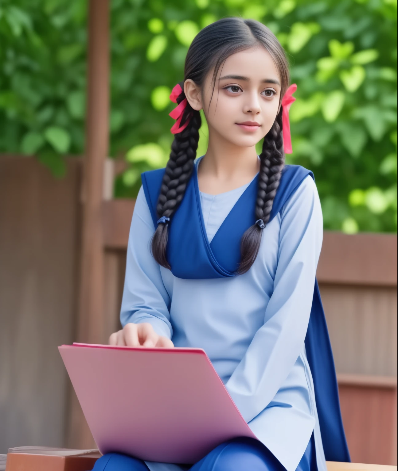 Raw photo , 1 girl ,Wearing salwar kameez uniform, school girl, with plait , professional photographer, (hdr:1.4), masterpiece, ultra-realistic 8k, perfect artwork, intrincate details, cute face, award winning photograph, (Best quality, 8k, 32k, Masterpiece, UHD:1.3)