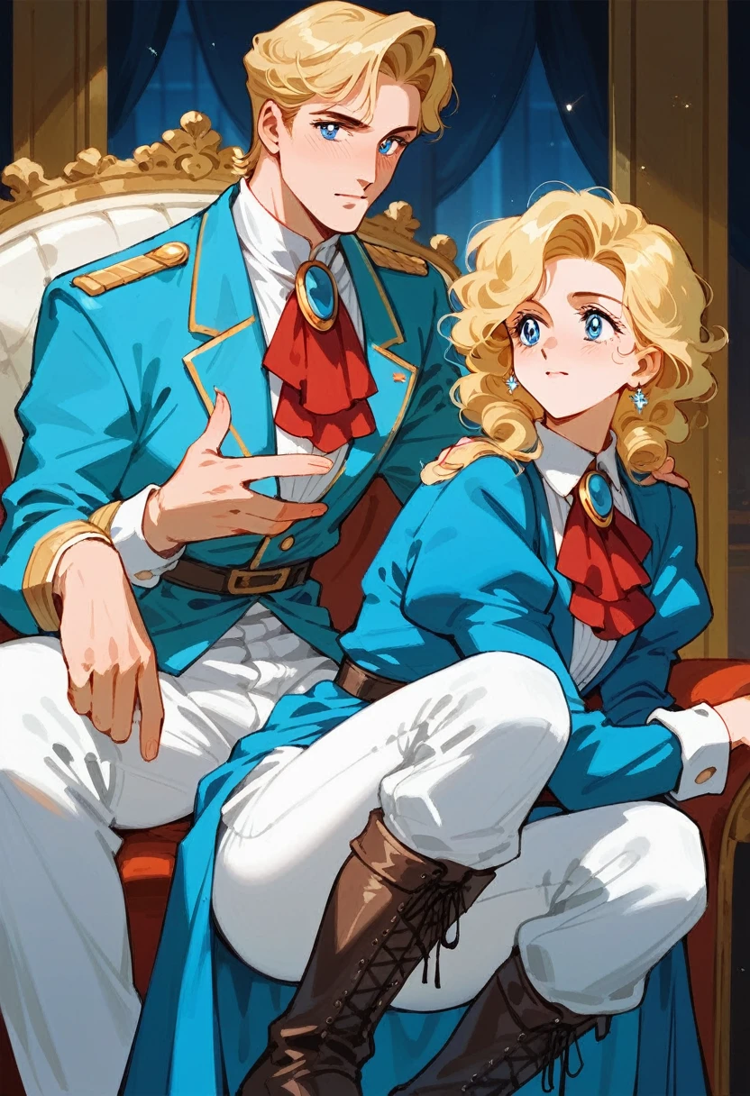 Blonde curly hair, long cold blue eyes, charter, ruffled blue uniform hanging from the red brooch on the collar, men, white trousers, knee-high boots to the thighs, aristocratic women on the side, retro cartoon style, Versailles Palace