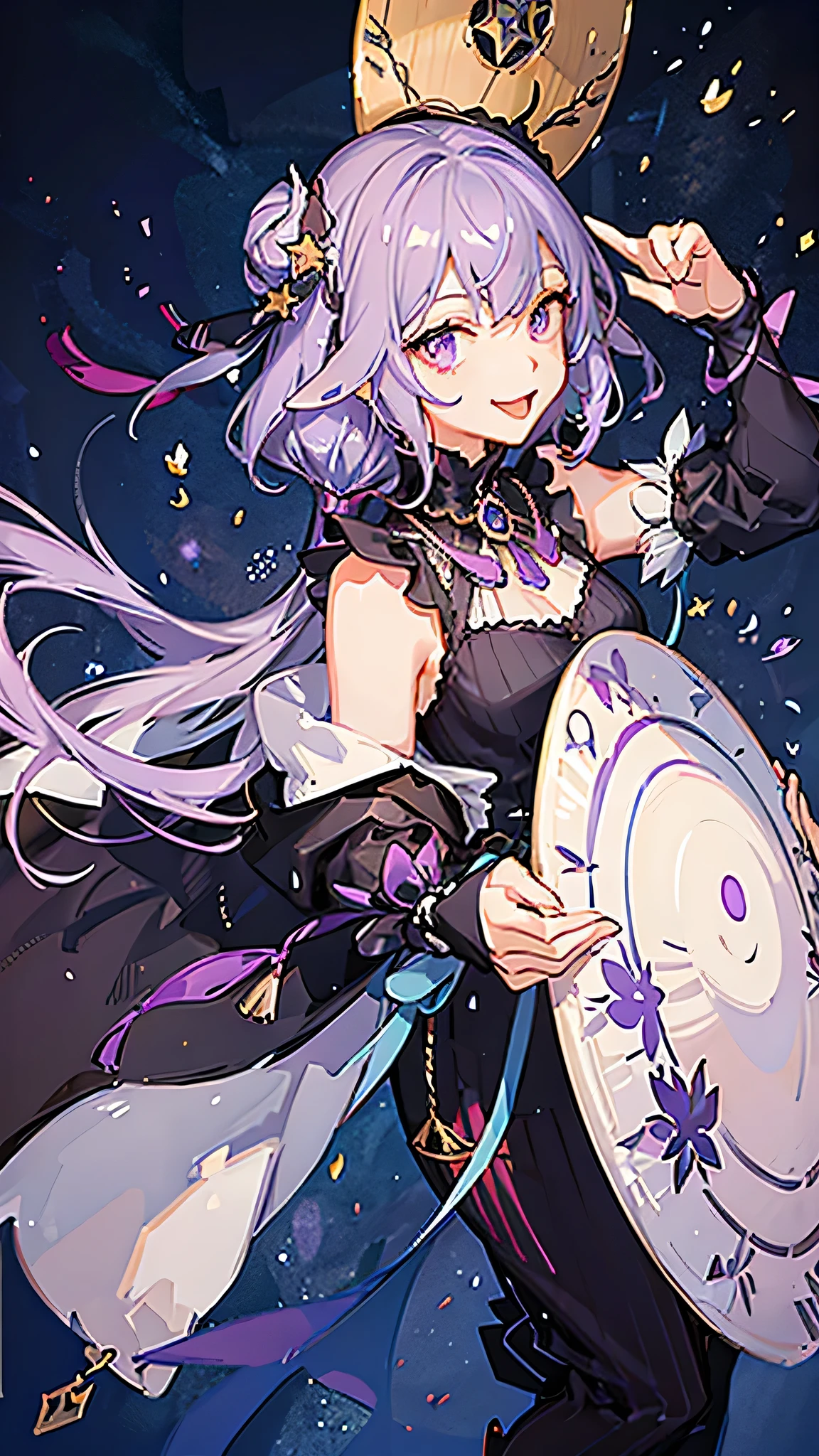 Hoshino Ai, Gloves, Tongue sticking out, Tongue, Long hair, Star (Symbolism), Watch the audience, (Purple Hair: 1.2), Purple Eyes, Upper Body, Hair accessories, Ruffles, pink shirt, Smile, sleeveless, shirt, Idol, Symbolism shaped pupil, Raise your hand, Bangs, one side up, Star-shaped pupils, Raise your arms, pulling clothes, roaring twenties, Isometric, from above, whole body, Rembrandt, illustration, detail, Depth of Field, Looking at the audience, Peace Sign, Raise your hand, Tongue out, best quality, high resolution.