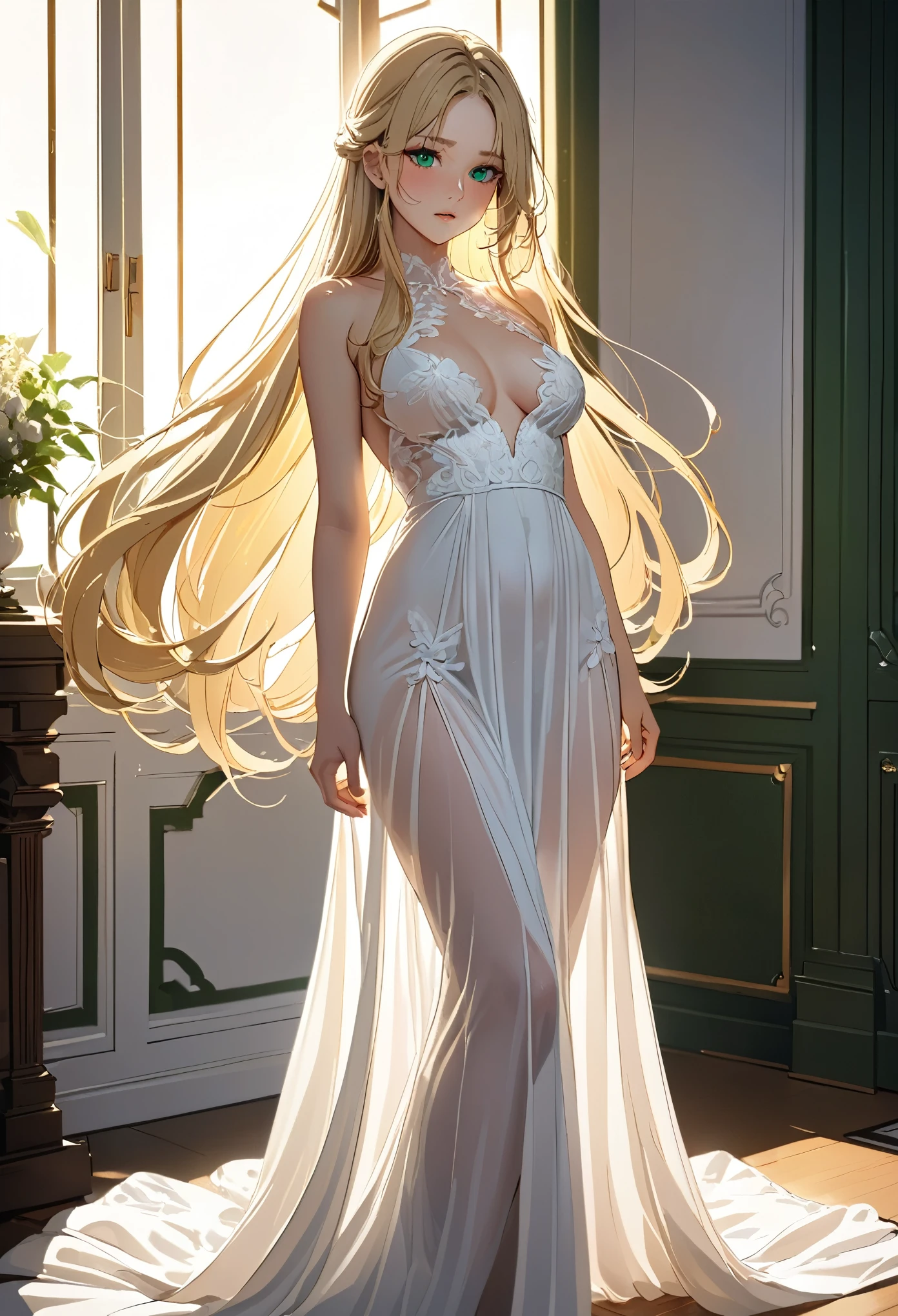 green eyes, masterpiece, best quality, clear face, blush, large chests, white dress,
 blonde hair, absurdly long hair, standing, head to thighs, extremely detailed delicate fine,
 backlighting, sidelighting