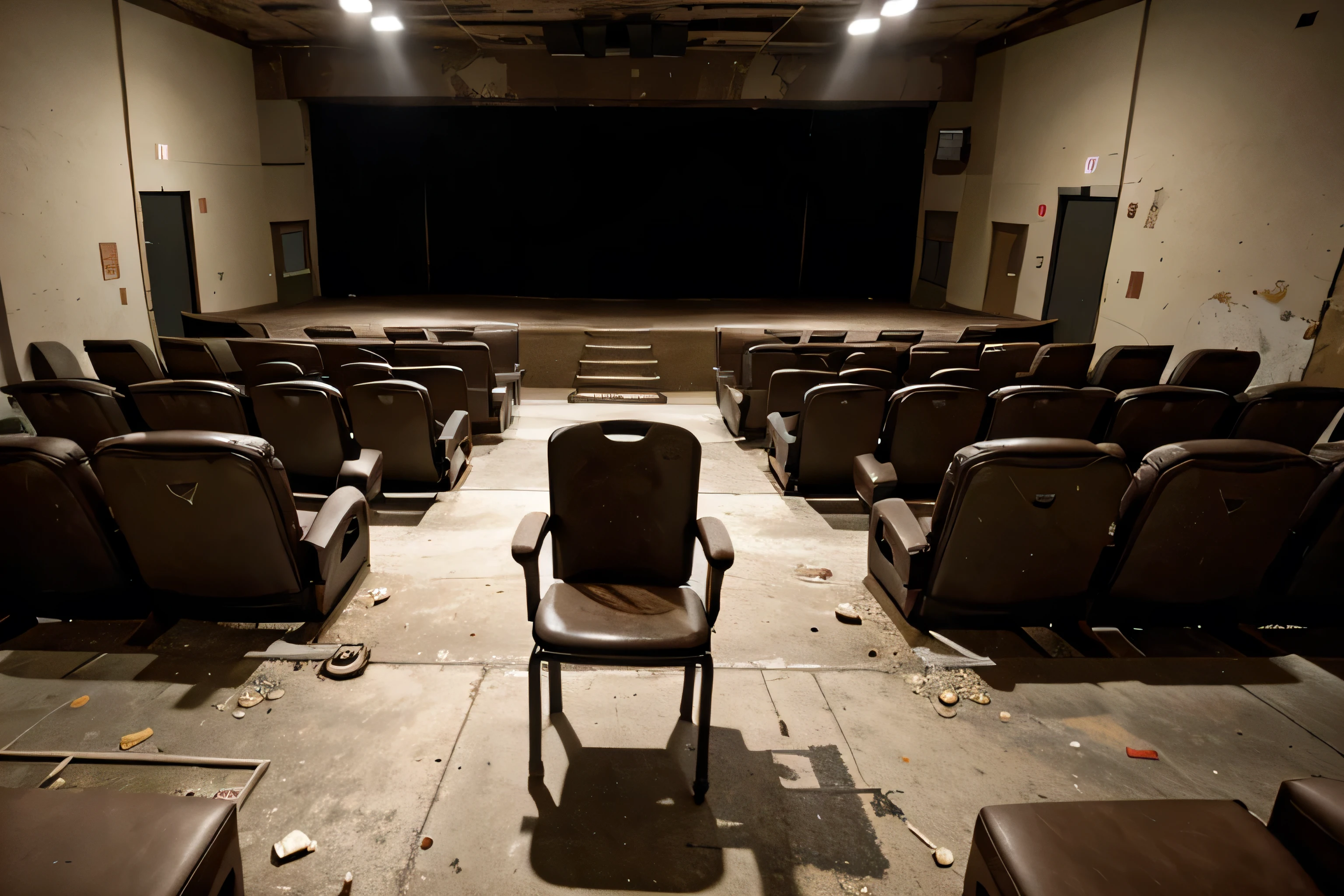 chair in abandoned theater, one chair, no background, no people, only chair, broken chair, dirty chair