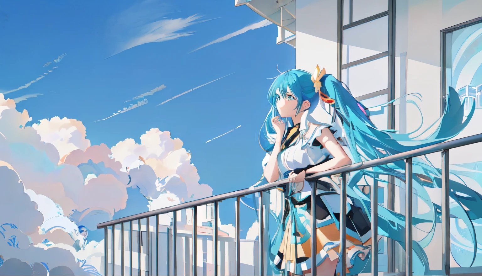 Anime girl with long blue hair standing on the balcony looking out, Anime style 4k, futuredayo, future, Anime cute art style, Anime Wallpaper 4K, Anime Wallpaper 4K, 4k anime wallpaper, anime art wallpaper 8 k, 4k comics wallpaper, hatsune future, portrait of hatsune future, Anime art style, Anime Art Wallpaper 4K