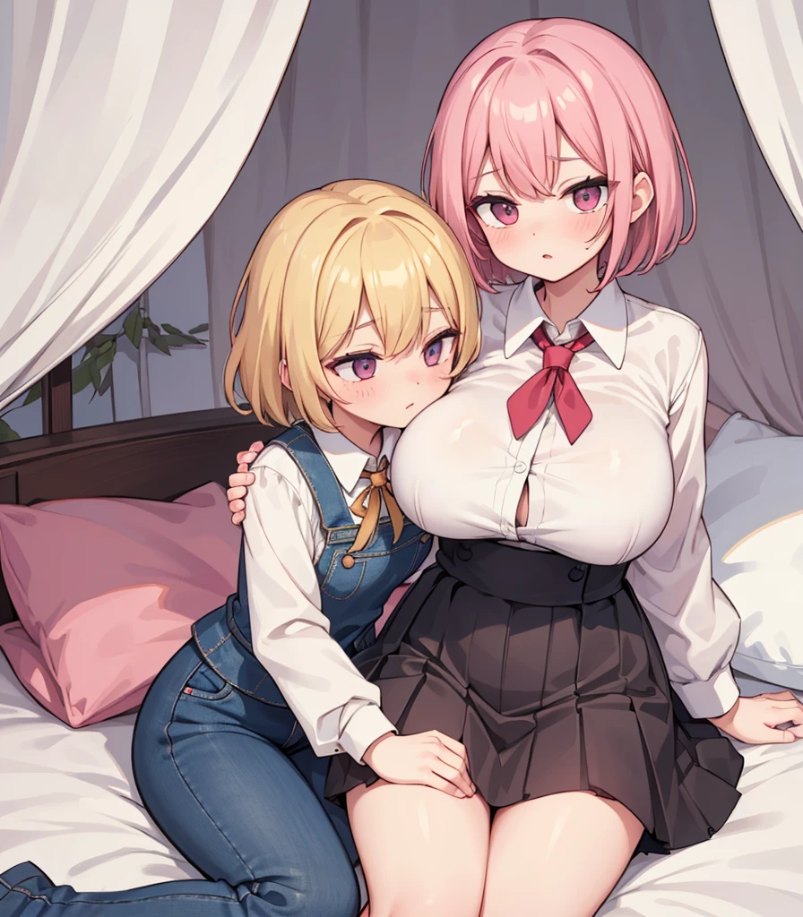 masterpiece, Highest quality, so beautiful, absurdists,High resolution,Cuddling in bed, like,sexly,Look at each one, blush,Age difference,blondes,chest,Long Hair,Pink Hair,Tucked in shirt,short hair,skirt,Tent shirt,Slut,Big breasted sister and brother,Siblings, trousers,Pushing her big tits against her brother,(My brother's erect penis),((((姉のvery huge breasts,Sister crushes her big tits in her brother's face)))),(((((Very huge breasts))))),(((((penis,NSFW,Soft Very HUGE breasts))))),((Bursting Breasts,Huge breasts hiding her brother's face)),((((((((Huge Breasts, Large Breasts, Very Large Breasts, Very Large Breasts, Very Large Breasts, Very Large Breasts, Very Large Breasts, Very Large Breasts, Very Large Breasts, Very Large Breasts, Very Large Breasts, Very Large Breasts, Burying Face in Breasts)))))))),Two people gazing at each other,puffy breasts,((Face crushed by tits, huge breasts on brother's body, mouth covered by tits, breasts covering face)),((huge breasts)),((soft massive breasts)),(((((crotch grab)))),(((1girl,1littleboy,)),(Fingering:1.7)、white pantie