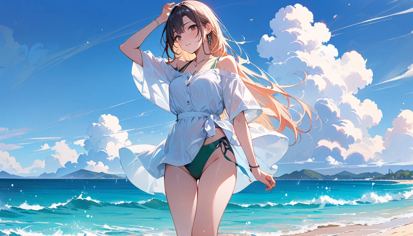 (masterpiece, Highest quality:1.2), 1 Girl, alone,Eyes open,Are you having fun,Tropical atmosphere,Ocean,playing