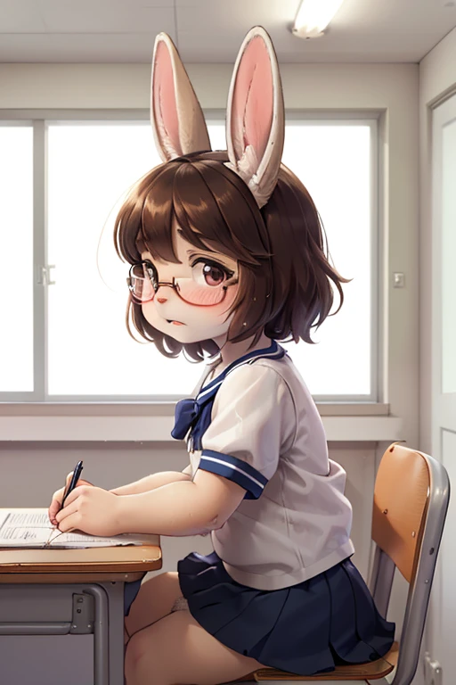 left side view , focus face , hairy bunny Short stature girl , (realistic hairy bunny fur:1.2) , round Mumps face , (tilt face:1.2) , geek , round eyes , Swollen cheeks , shy , glossy lips , in the school , Class is in progress , school sailor , skirt , sit on chair , Looking Ahead , Bored attitude , Write in a notebook , fall down on the desk