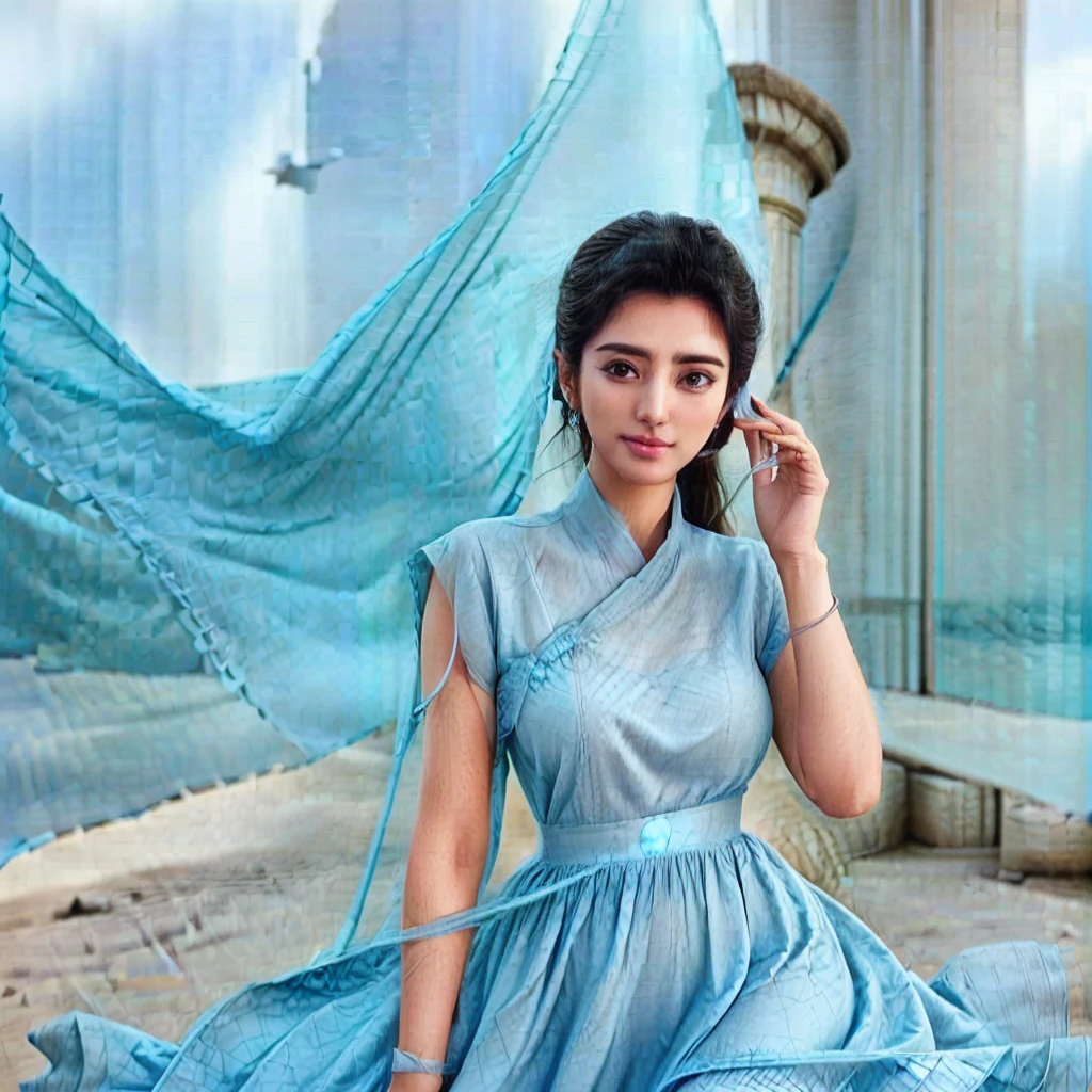 araffe woman in a blue dress talking on a cell phone, tanned ameera al taweel, light blue dress portrait, blue colored traditional wear, blue tunic, actress, stylish pose, teal tunic, mid shot portrait, beautiful model, ameera al taweel, photoshoot, sky - blue dress, joyful look, beautiful, photoshoot for skincare brand