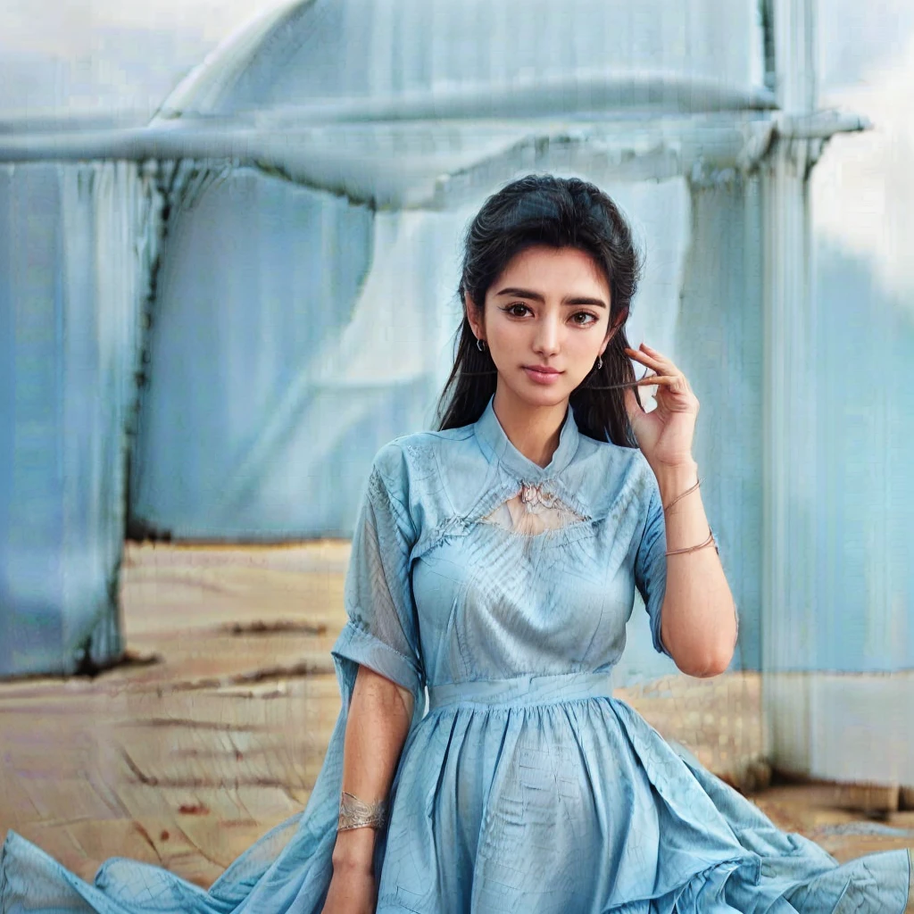 araffe woman in a blue dress talking on a cell phone, tanned ameera al taweel, light blue dress portrait, blue colored traditional wear, blue tunic, actress, stylish pose, teal tunic, mid shot portrait, beautiful model, ameera al taweel, photoshoot, sky - blue dress, joyful look, beautiful, photoshoot for skincare brand