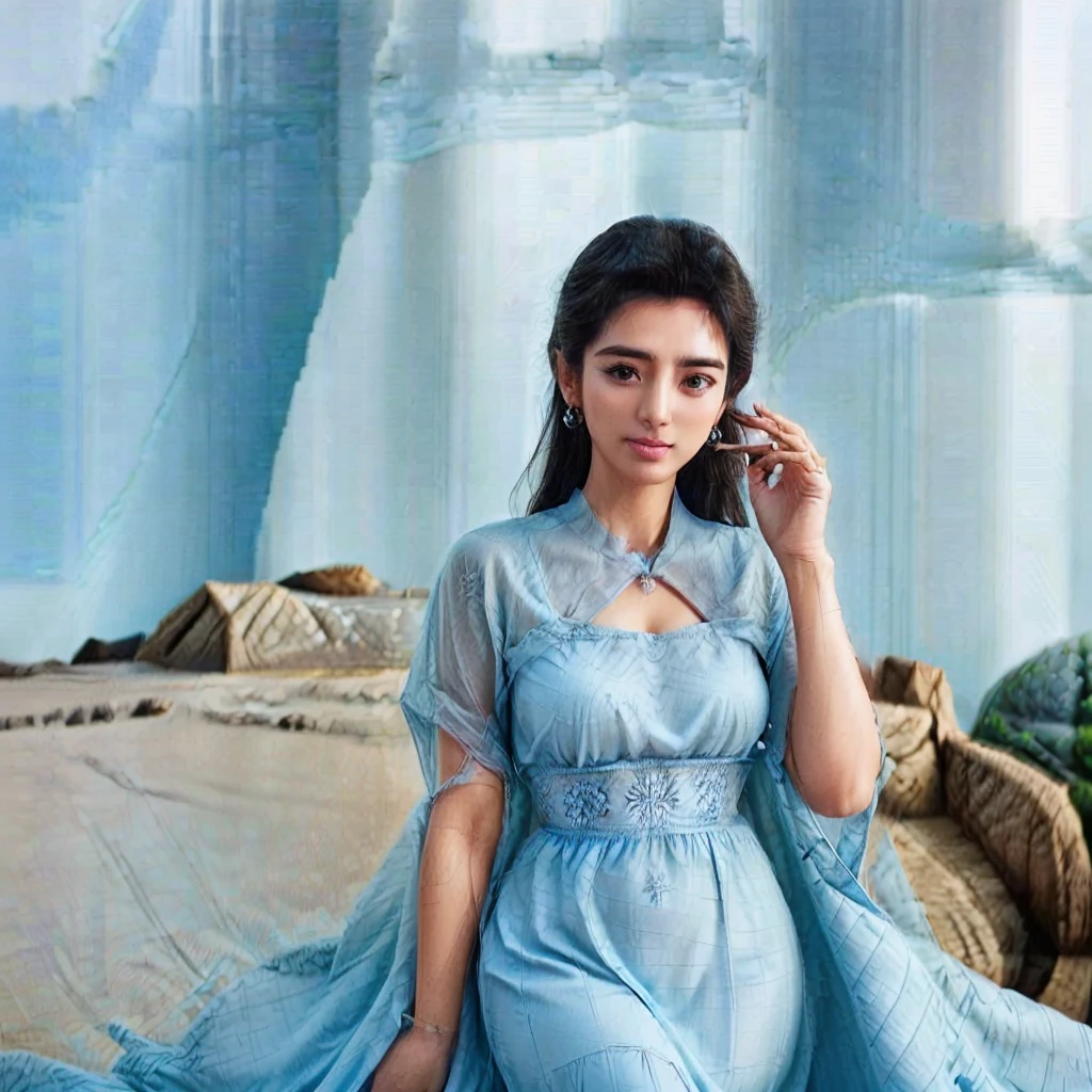 araffe woman in a blue dress talking on a cell phone, tanned ameera al taweel, light blue dress portrait, blue colored traditional wear, blue tunic, actress, stylish pose, teal tunic, mid shot portrait, beautiful model, ameera al taweel, photoshoot, sky - blue dress, joyful look, beautiful, photoshoot for skincare brand