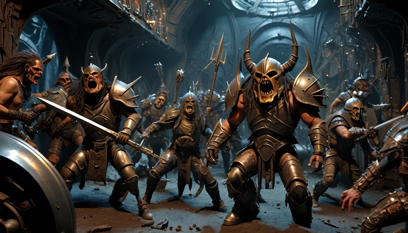 (3D rendering:3.1) in (medium full shot:3.1) of lot of characters from (metal hurlant magazine:3.1), inspired by style of Greg Rutkowski art, barbarian warriors in battles with swords and shields in chaotic world, space creatures (with Creepy, Sci-Fi, Fantasy and Horror:2.9), directed by ridley scott (Cinematic:3.1), horror movie, horrified, terrified, insane, disgusting, disturbing, Impactful, cgsociety, hyper-detailed, digital illusions, cyberspace, photorealistic, arts visuals. Ultra detailed, RAW photo, (cinematic:2.9), artstation style, concept art, masterpiece, 8k, realistic textures, (3D rendering:3.1)