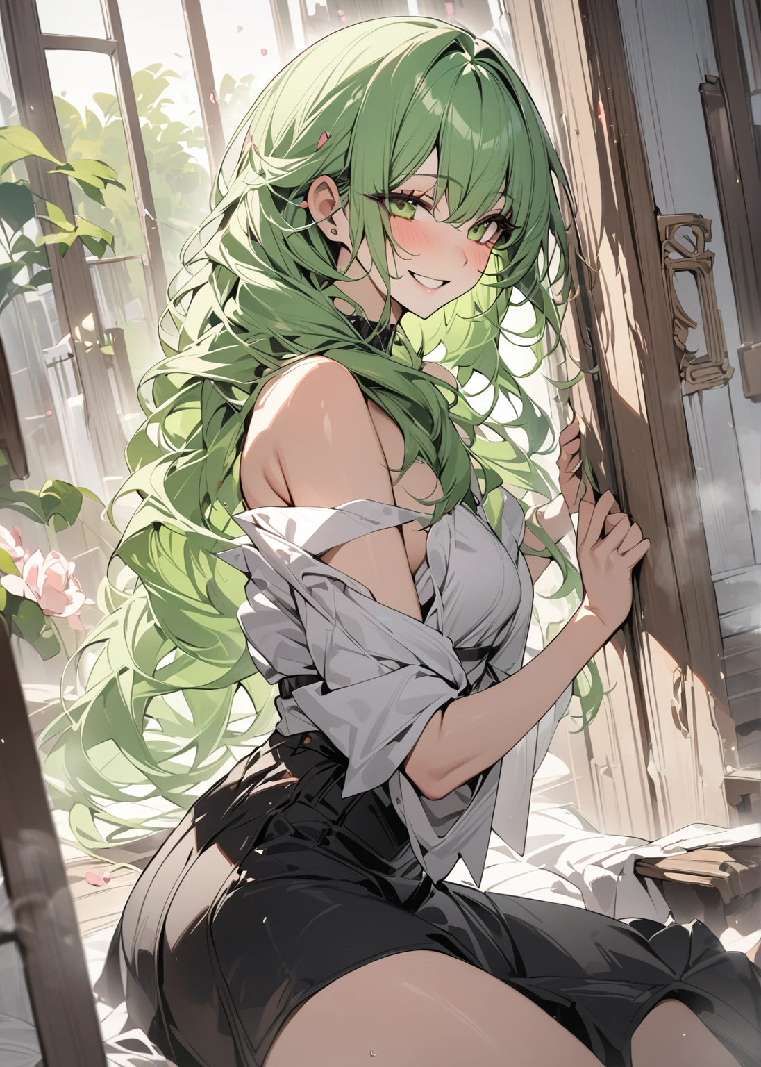 ( Masterpiece , The most beautiful pictures , woman  ) woman , pink-green hair , Smiling
