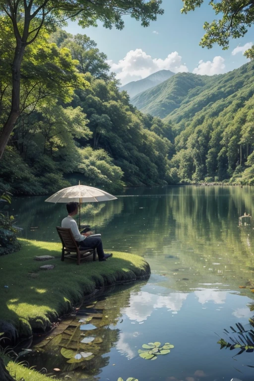 Create a stunning, highly detailed painting-style image featuring a man seated beneath a parasol by the edge of a serene, lush green lake. Capture the essence of a tranquil afternoon with vivid colors and intricate textures in the landscape. Ensure the composition conveys a sense of peace and natural beauty, highlighting the play of light on the water and the surrounding foliage. The man should be depicted in a relaxed posture, enjoying the scenic view, with the parasol casting a gentle shadow. Emphasize realism and richness in every aspect of the scene to evoke a serene and idyllic atmosphere.
