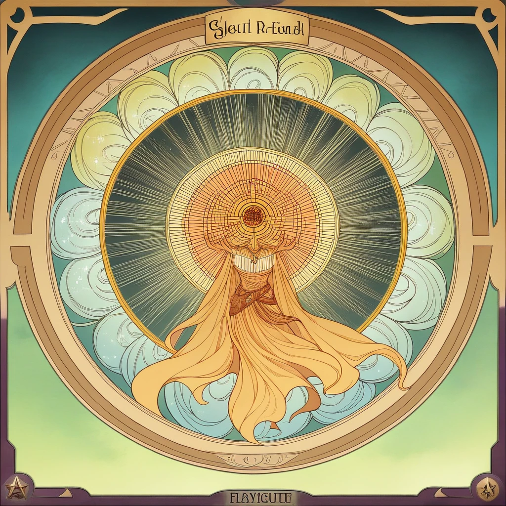 Create an illustration of a Tarot card themed around the concept "Elevate your Energy." The central figure is levitating in a meditative pose, dressed in flowing, ethereal robes that flutter as if moved by an unseen force. This figure can be either male or female, exuding a serene and enlightened aura.Surrounding the figure is a radiant aura of luminous colors—predominantly gold, white, and violet—representing high vibrations and spiritual enlightenment. Below the levitating figure, flowers are blooming, with their petals oriented upwards, as if absorbing and reflecting the surrounding energy. In the background, majestic mountains symbolize stability and spiritual ascent.Above the figure, a large, glowing mandala with a shining sun or star at its center radiates energy that seems to flow through the figure, emphasizing the elevation of energy and spiritual alignment. Along the edges of the card, include symbols of chakras, energy circles, or other esoteric signs to enhance the theme of spiritual awakening and energy elevation.At the bottom of the card, elegantly inscribe the phrase "Elevate your Energy" in golden letters, highlighting the card's central message.This Tarot card should evoke a sense of uplifting energy, spiritual growth, and enlightenment.