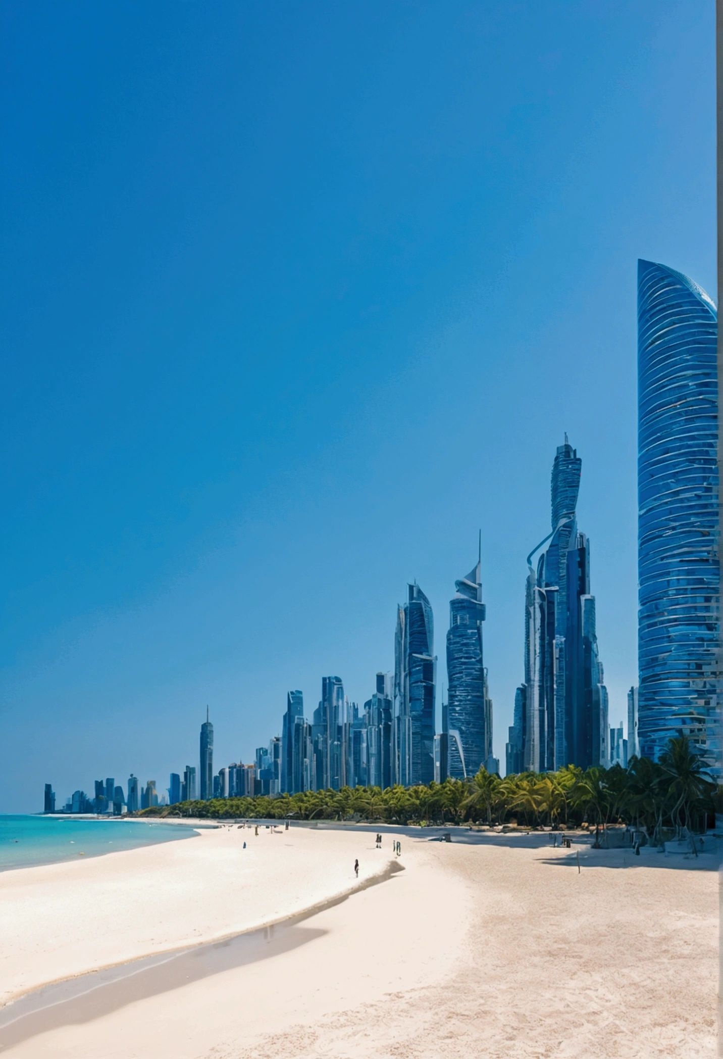 Beach in a futuristic city with a clear blue sky