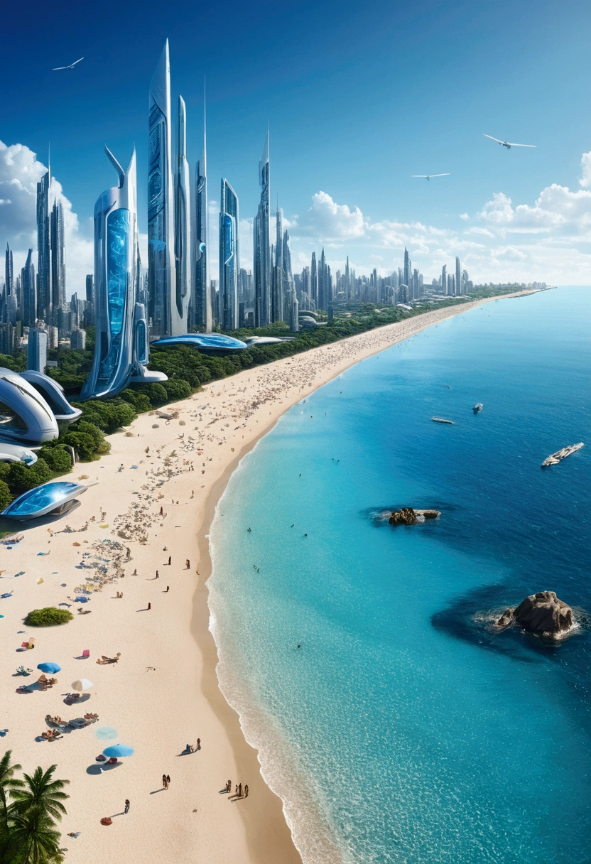 Beach in a futuristic city with a clear blue sky