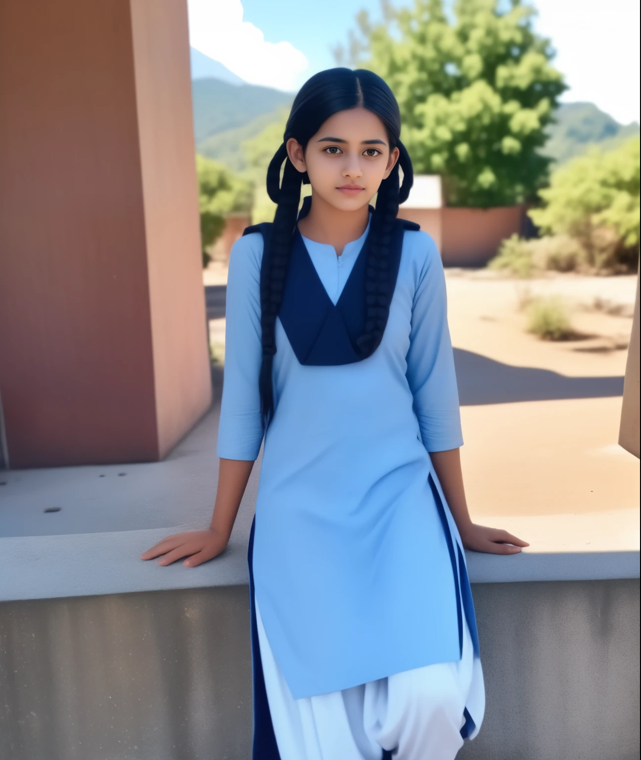 Raw photo , 1 girl  ,Wearing  salwar kameez uniform, teen school girl, with plait , professional photographer, (hdr:1.4), masterpiece, ultra-realistic 8k, perfect artwork, intrincate details, cute face, award winning photograph, (Best quality, 8k, 32k, Masterpiece, UHD:1.3) 