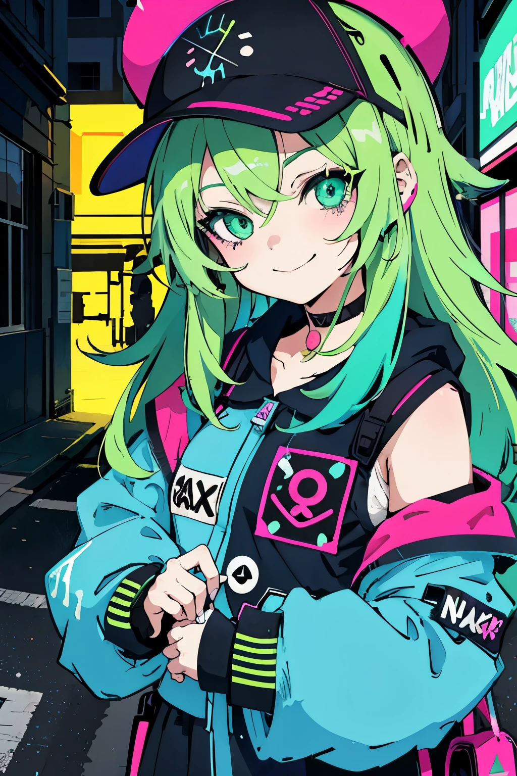 anime girl with a cap and a nask, green messy hair, street background in neon pink and blue colors, stickers, smirk face