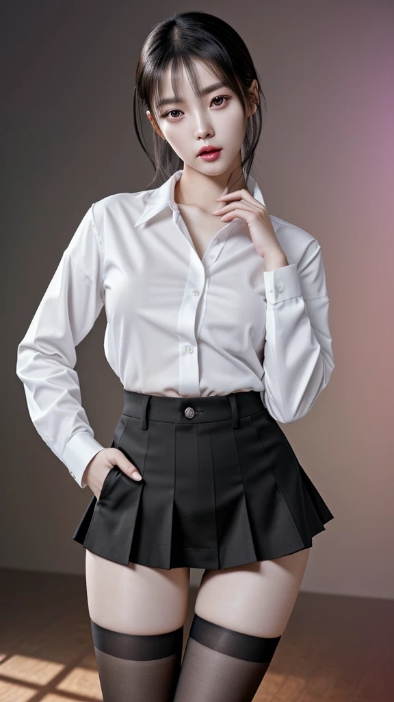 a beautiful young korean woman, 1girl, wearing a white button-up shirt, short black spandex skirt, black stockings, black high heels, full body shot, detailed facial features, beautiful eyes, nose, lips, extremely detailed, photorealistic, 8k, highres, hyperdetailed, studio lighting, vivid colors, warm color palette, elegant, graceful pose