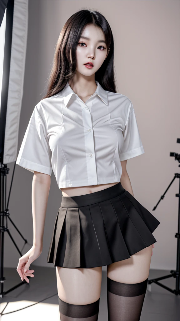 a beautiful young korean woman, 1girl, wearing a white button-up shirt, short black spandex skirt, black stockings, black high heels, full body shot, detailed facial features, beautiful eyes, nose, lips, extremely detailed, photorealistic, 8k, highres, hyperdetailed, studio lighting, vivid colors, warm color palette, elegant, graceful pose