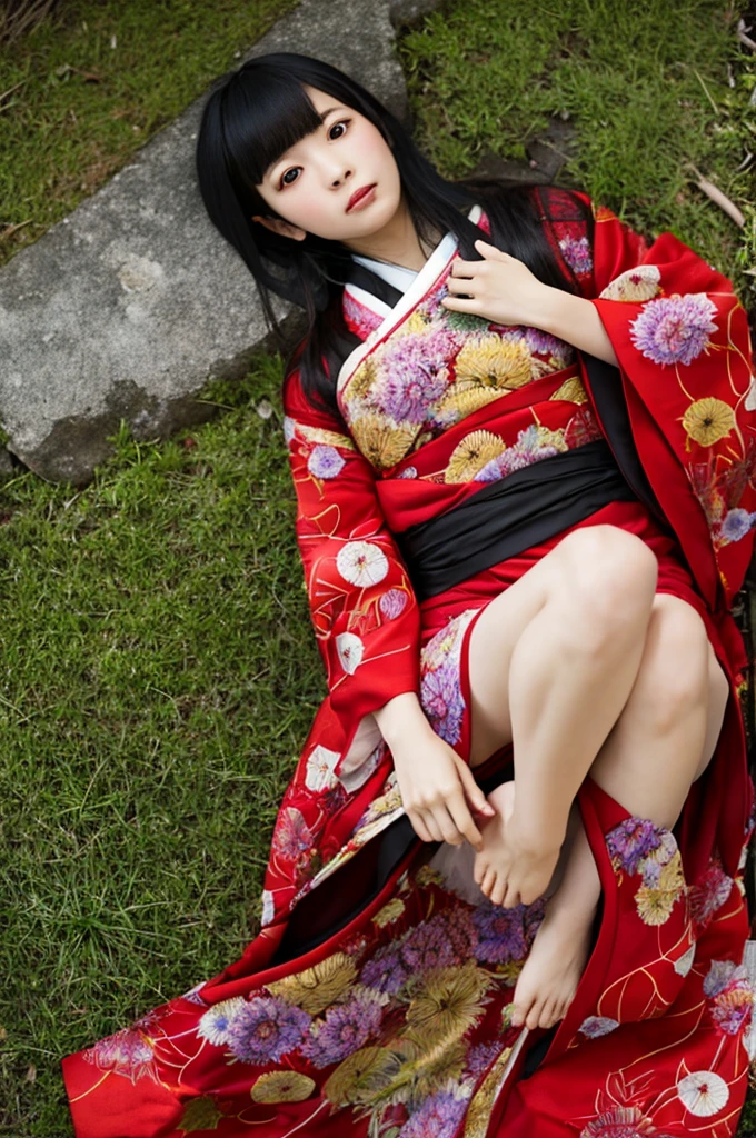 Low - Angle、Highest quality,Very detailed Japanese swamp monster in red kimono、Spread your legs and show your vagina、Dark night fog