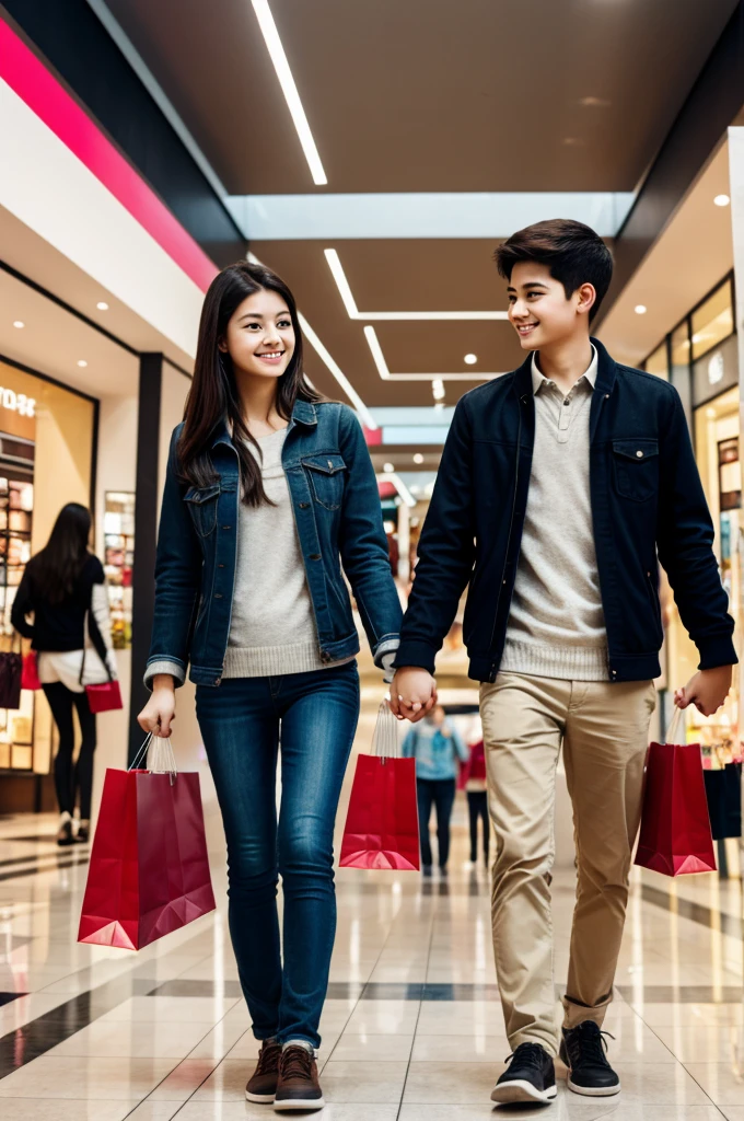 Create a photo of a girl and a boy holding hands in a shopping mall.