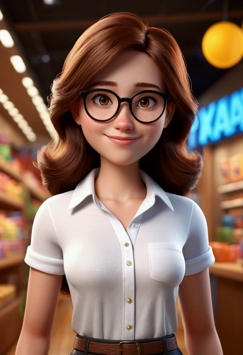 Cartoon character of a 22 year old young woman, fully body, with black round glasses and white shirt, she smiles at the camera, She is a saleswoman in your store, animation character, stylized character, animation style rendering, 3d stylized, Arnold Maya rendering, Stylized 3D rendering, toon render screenshot, 3d character, 3d character, Stylized 3D rendering, 3D character rendering, cartoon character, Personagem de close up, character posing, (Pixar-style) (master part:1.2) (bokeh) (best qualityer) (skin detailed) (detailed texture) (8k) (Argilla) (cinematic lighting) (sharp focus