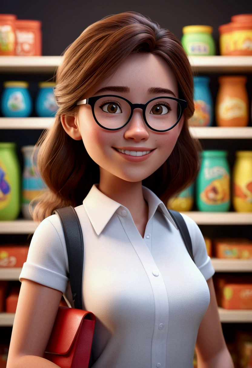 Cartoon character of a 22 year old young woman, fully body, with black round glasses and white shirt, she smiles at the camera, She is a saleswoman in your store, animation character, stylized character, animation style rendering, 3d stylized, Arnold Maya rendering, Stylized 3D rendering, toon render screenshot, 3d character, 3d character, Stylized 3D rendering, 3D character rendering, cartoon character, Personagem de close up, character posing, (Pixar-style) (master part:1.2) (bokeh) (best qualityer) (skin detailed) (detailed texture) (8k) (Argilla) (cinematic lighting) (sharp focus
