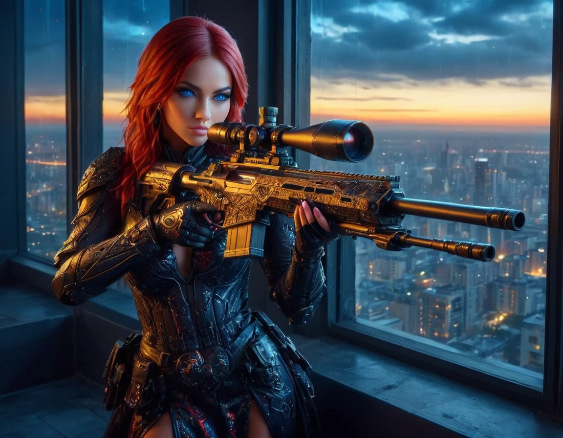 a portrait picture of a 1single woman sniper, standing in a window aiming a sniper rifle, an exotic beautiful woman sniper, dynamic hair, braided hair, full body shop, intense blue eyes, ultra detailed face, wearing (intricate lavender evening dress: 1.5), elegant dress, dynamic color, dynamic style, wearing elegant stiletto heels , behind a window in a tall building at nigh, aiming a Light Sniper Rifle , cyberpunk city background, its night time, moon rays, some clouds,  (full body shot: 1.1) , vibrant, Ultra-high resolution, High Contrast, (masterpiece:1.5), highest quality, Best aesthetics), best details, best quality, highres, ultra wide angle, 16k, [ultra detailed], masterpiece, best quality, (extremely detailed) Sniper Rifle, evening dress
