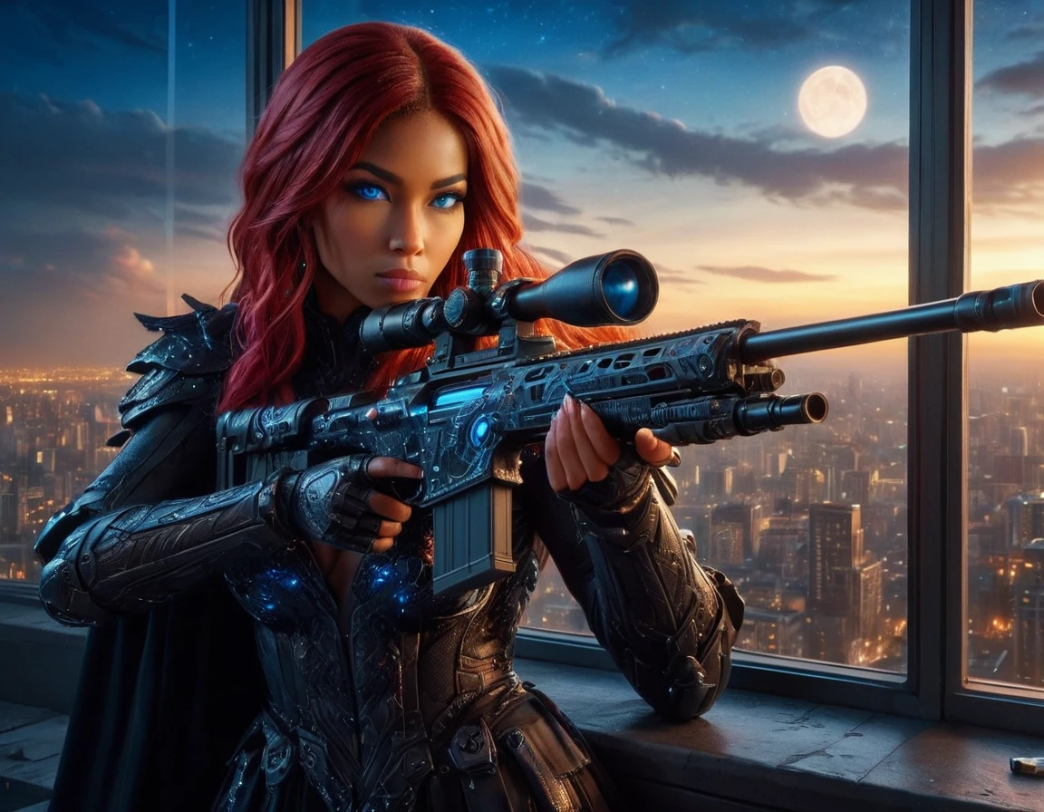 a portrait picture of a 1single woman sniper, standing in a window aiming a sniper rifle, an exotic beautiful woman sniper, red hair, braided hair, (black skin: 1.3), full body shop, intense blue eyes, wearing intricate glasses ultra detailed face, wearing (intricate evening dress: 1.5), elegant dress, dynamic color, dynamic style, wearing elegant stiletto heels , behind a window in a tall building at nigh, aiming a Light Sniper Rifle , cyberpunk city background, its night time, moon rays, some clouds,  (full body shot: 1.1) , vibrant, Ultra-high resolution, High Contrast, (masterpiece:1.5), highest quality, Best aesthetics), best details, best quality, highres, ultra wide angle, 16k, [ultra detailed], masterpiece, best quality, (extremely detailed) Sniper Rifle, evening dress

