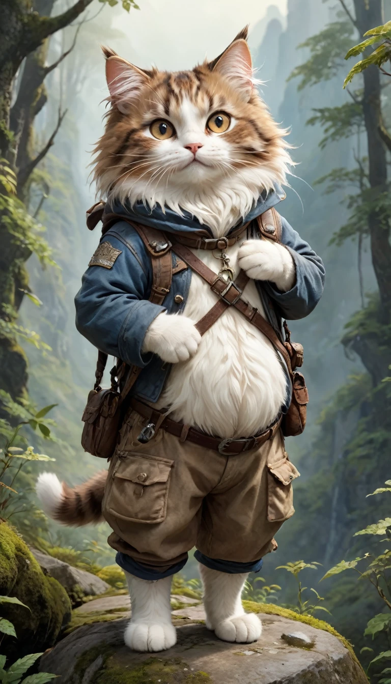  small, かわいいto be bornき物, Wearing adventurer gear、 whole body,small , Are standing, Costume, Mountainous Regions、 Fantasy art, Exquisite detail, Jean-Baptiste Monge Style, office、Alan Lee Style, Anthropomorphic, Fat, Brown and white Norwegian Forest Cat with big eyes, Movie Scenes, Dramatic shot angles, , Realistic, to be born々Stunning cinematic photorealism, Action Portrait, 8k, detailed, Full Frame