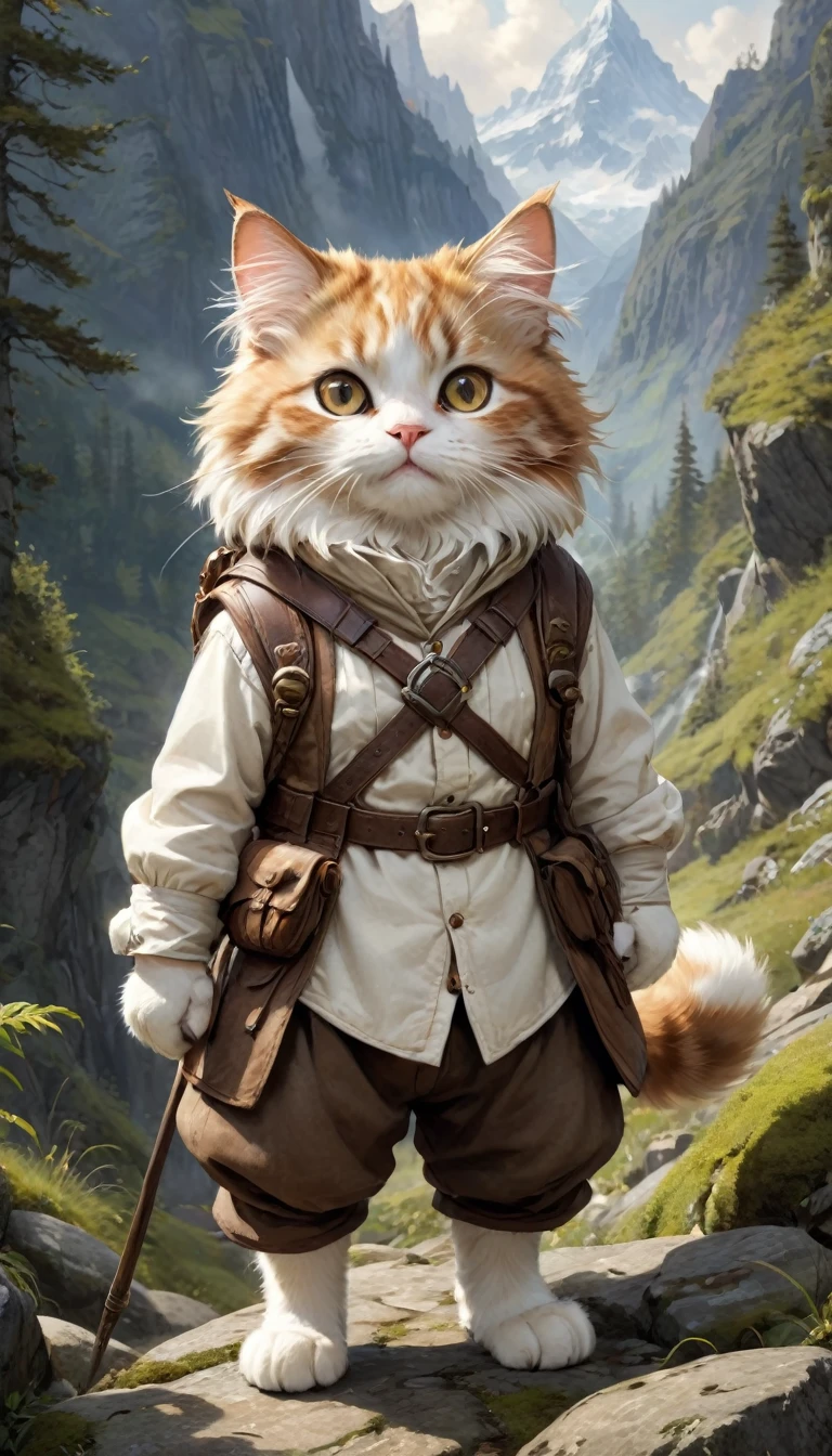  small, かわいいto be bornき物, Wearing adventurer gear、 whole body,small , Are standing, Costume, Mountainous Regions、 Fantasy art, Exquisite detail, Jean-Baptiste Monge Style, office、Alan Lee Style, Anthropomorphic, Fat, Brown and white Norwegian Forest Cat with big eyes, Movie Scenes, Dramatic shot angles, , Realistic, to be born々Stunning cinematic photorealism, Action Portrait, 8k, detailed, Full Frame