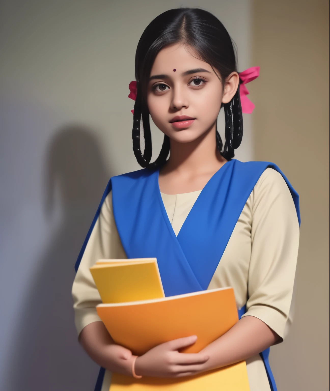 Raw photo , 1 girl  ,Wearing  salwar kameez uniform, teen school girl, with plait , professional photographer, (hdr:1.4), masterpiece, ultra-realistic 8k, perfect artwork, intrincate details, cute face, award winning photograph, (Best quality, 8k, 32k, Masterpiece, UHD:1.3) 