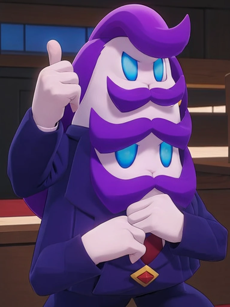  haltmann, purple hair, purple mustache, arms, wearing a dark blue suit with pink vertical lining, pink shirt, red tie, black shoes, gold suit button with a red diamond, pale purple gloves, pink cuffs, pale purple skin, blue eyes, golden earpiece with antenna