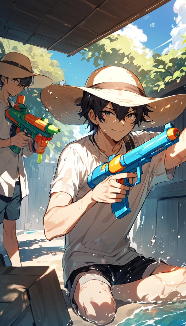 Boys playing with water guns, Hide in the shade and aim at your opponent, Shot and soaked, smile, Summer afternoon