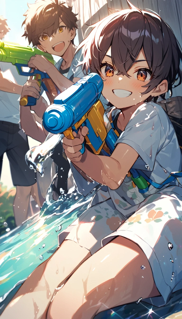 Boys playing with water guns, Hide in the shade and aim at your opponent, Shot and soaked, smile, Summer afternoon