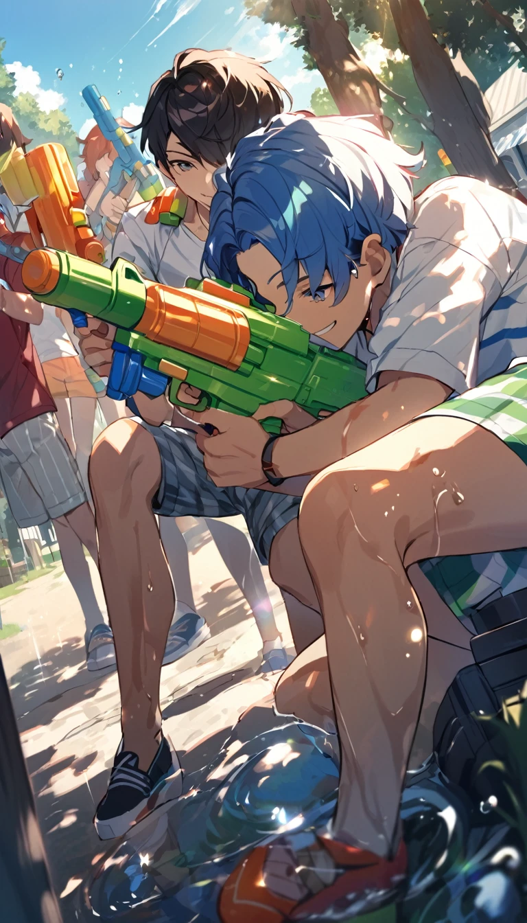 Boys playing with water guns, Hide in the shade and aim at your opponent, Shot and soaked, smile, Summer afternoon